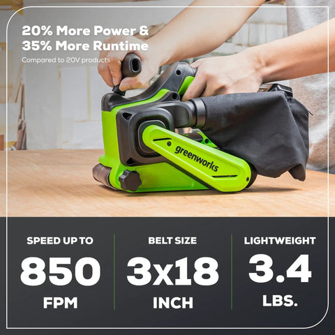 Person using a Cordless 24V Brushless Belt Sander Kit with no-cord convenience, dust bag, and 60 grit sandpaper, 3x18 inch belt.