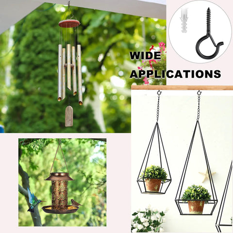 60 Pack Ceiling Hooks For Hanging Plants And Outdoor String Lights Heavy Duty 2.2 Inch Eye Screw Cup Hooks shown with bird feeder and plants