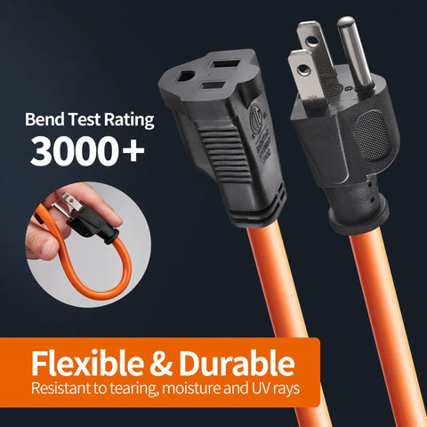 Close-up of Beefed Up Heavy Duty 50 Foot Outdoor Extension Cord 16 AWG SJTW 16/3 with orange PVC jacket and 3-prong plug