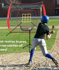 Child using 7x7 Ft Baseball And Softball Training Net With Adjustable Batting Tee Strike Zone Target Ground Stakes, red net setup outdoors
