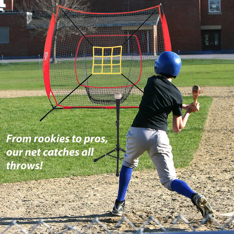 Child using 7x7 Ft Baseball And Softball Training Net With Adjustable Batting Tee Strike Zone Target Ground Stakes, red net setup outdoors