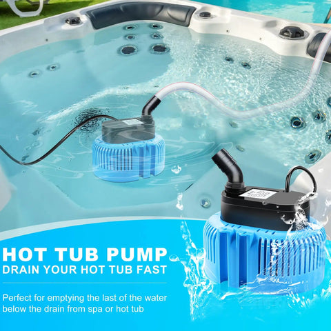 Image of a blue Above Ground Pool Cover Pump Submersible Sump Pump for draining water fast, floating in a hot tub.