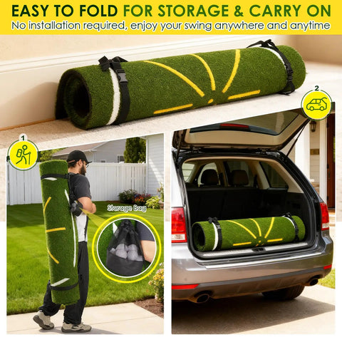 5x4ft Dual Turf Golf Hitting Mat rolled for storage in car trunk and strap, showing portability and ease of transport.