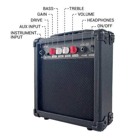 20W Electric Guitar Amplifier with Built In Speaker, Headphone Jack, Aux Input, Drive Button, and Four Knob Controls in Black