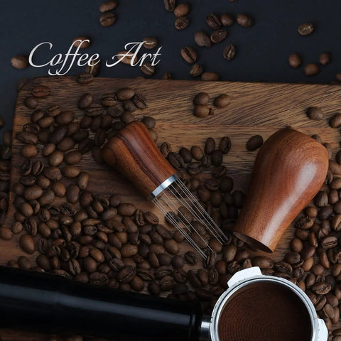 Espresso WDT Tool With Walnut Wood Handle For Baristas And Coffee Nerds 0.35mm 10 Needles on Wooden Board with Coffee Beans