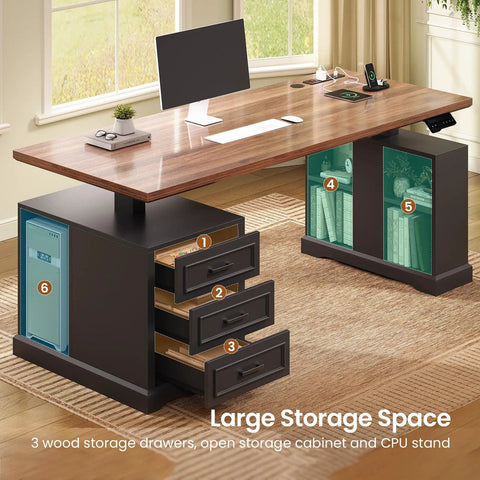 Farmhouse Electric Standing Desk With 63 Inch Long Workstation Height Adjustable Sit Stand Desk With 3 Drawers Storage Shelves