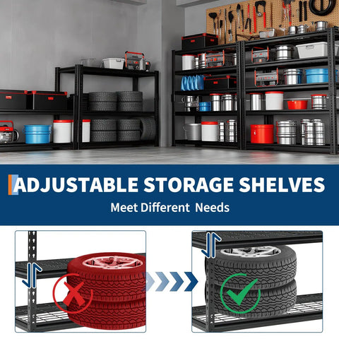Commercial Grade Five Tier Steel Shelving Unit With Fully Adjustable Heights Rock Solid Workhorse For Warehouse And Garage Setup 2500 Lb Capacity Tough As Nails Metal Storage Rack with adjustable shelves in garage setting.