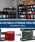 Five Tier Heavy Duty Adjustable Metal Garage Storage Shelves Black Steel Rack With Massive 2200 Pound Load Rating Featuring Badass Durability For Shop Tools And Hardware, with tools and tires organized on sturdy shelves.
