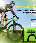 Cyclist on mountain bike with Dual Pack 26x2.125 To 2.40 Inches Bike Inner Tubes With 35mm Schrader Valve Premium Butyl package displayed.