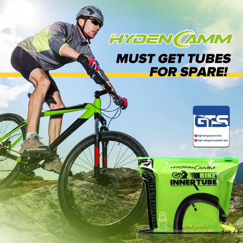 Cyclist on mountain bike with Dual Pack 26x2.125 To 2.40 Inches Bike Inner Tubes With 35mm Schrader Valve Premium Butyl package displayed.