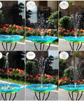Solar Fountain Pump 3.5W for Water Features Outdoor Bird Bath with Multiple Nozzles, showing various spray patterns in garden setup.
