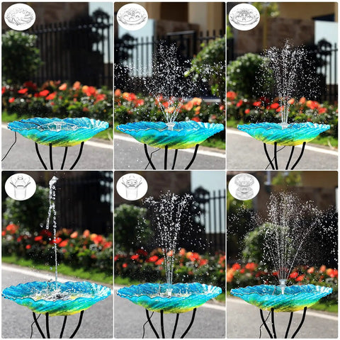 Solar Fountain Pump 3.5W for Water Features Outdoor Bird Bath with Multiple Nozzles, showing various spray patterns in garden setup.