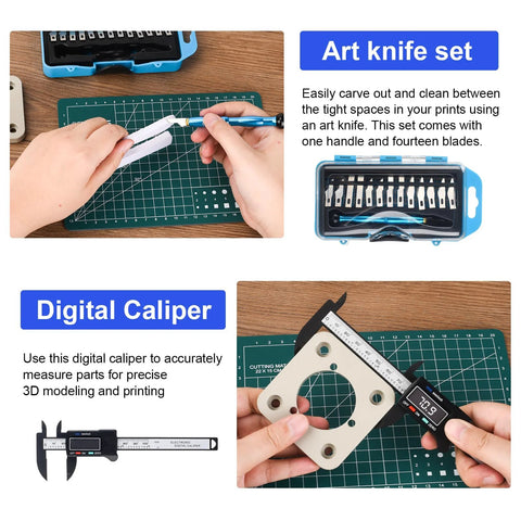 KuanStore 55‑pc 3D printer tools kit in blue case with deburring tool, caliper, art knife set, tube cutter and storage bag.