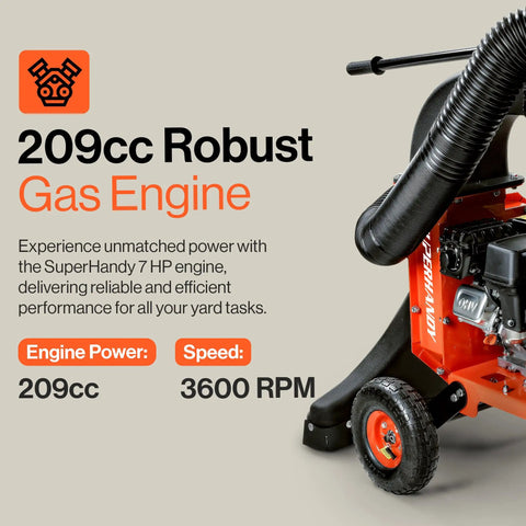 Awesome Walk Behind Gas Leaf Vacuum Mulcher Chipper With Seven HP 209 CC Engine and Easy Roll Casters for Yard Cleanup