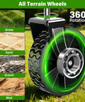 Close-up of rugged wheel designed for the All-Terrain Folding Wagon Cart for Grocery, Camping and More, showing its 360° rotation capability.