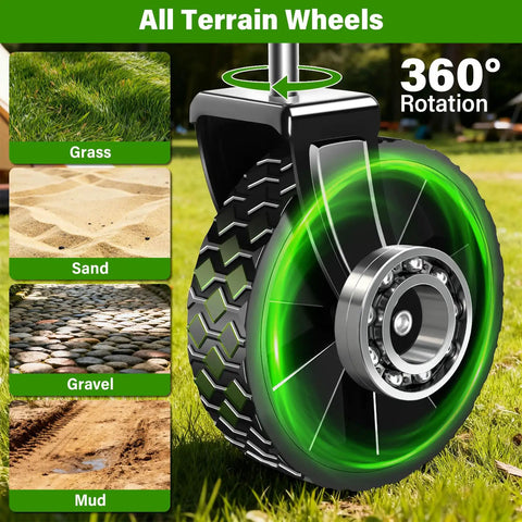 Close-up of rugged wheel designed for the All-Terrain Folding Wagon Cart for Grocery, Camping and More, showing its 360° rotation capability.