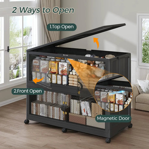 Massive Extra Large 4 Tier Stackable Storage Cabinet With Lids And Wheels, 960 QT Capacity, showing top and front openings