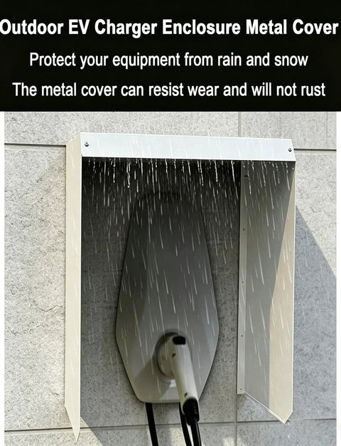 Tough As Nails Weatherproof EV Charger Cover Guard For Your Plug In Ride Heavy Duty Galvanized Steel rain shield viewed in rain.
