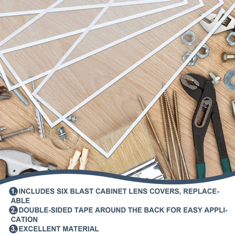 Six Pack Abrasive Blasting Cabinet Lens Covers With Durable Polyester Film on workbench with tools