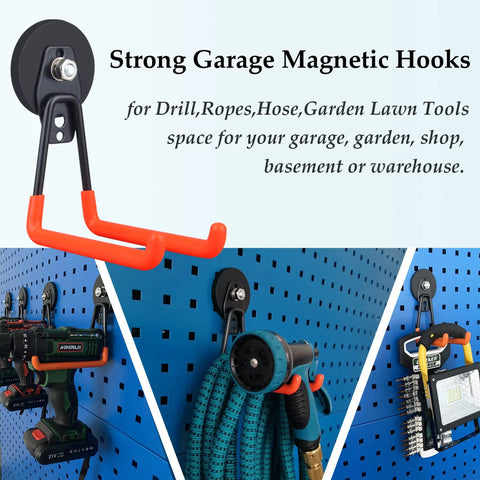 Magnetic Power Tool Organizer For Garage And Workshop with rubber-coated hooks holding drill, hose, and tools on pegboard.