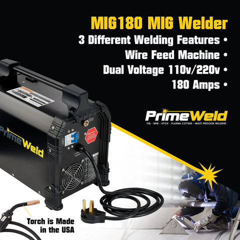 MIG Welder 180 Amp Wire Feed With Dual Voltage 220V And 110V, PrimeWeld machine in workshop setting, versatile DIY use