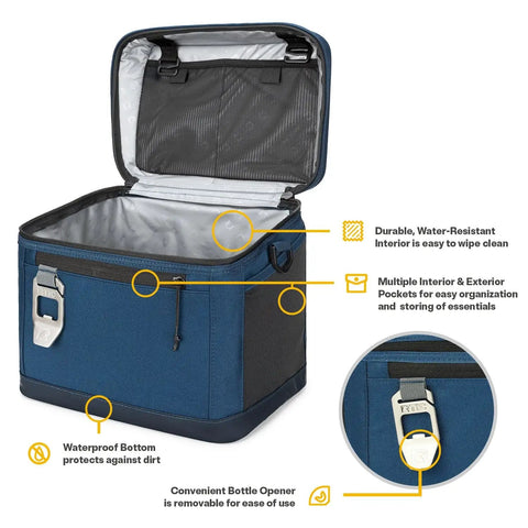 15 Can Everyday Soft Sided Go To Cooler For Lunch Beach Travel And Camping Insulated Portable Cooler For Men And Women Navy Keeps Drinks Cold All Day With Lightweight Build And Easy Carry Handle, shown open with bottle opener and waterproof bottom