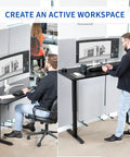 Vivo Black Height Adjustable Standing Desk 71x30 Inch Electric Sit Stand Workstation showing seated and standing user, ergonomic design.