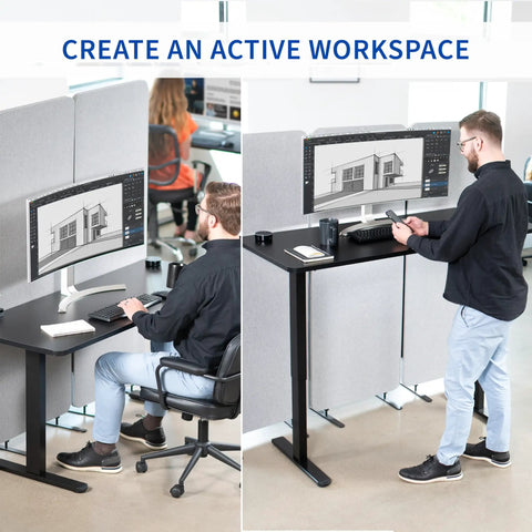Vivo Black Height Adjustable Standing Desk 71x30 Inch Electric Sit Stand Workstation showing seated and standing user, ergonomic design.