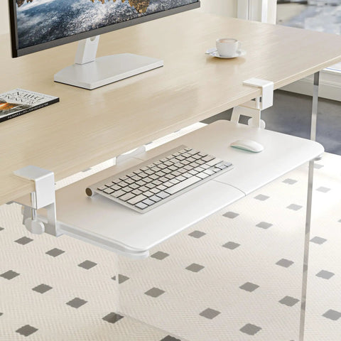 Under Desk Keyboard Tray With Pull Out Slide And C Clamp Mount, 29.7 Inch Total Length, 25.6 Inch Platform By 11.8 Inch Drawer For Keyboard And Mouse, Space Saving White Ergonomic Keyboard Tray mounted under desk
