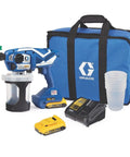 Pro Grade Cordless Airless Handheld Paint Sprayer Featuring Triax Triple Piston Pump with accessories in a blue carry bag.