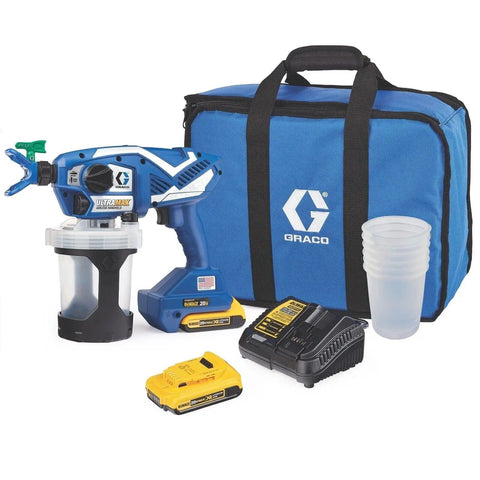 Pro Grade Cordless Airless Handheld Paint Sprayer Featuring Triax Triple Piston Pump with accessories in a blue carry bag.