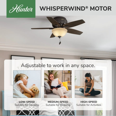 42 Inch Indoor Ceiling Fan With LED Light, Bronze Finish, Low Profile Flush Mount, Five Blade Ceiling Fan With Pull Chain