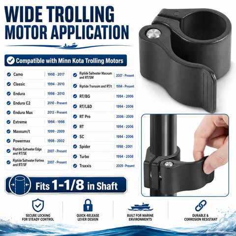 Cam Lock Depth Collar Assembly For Trolling Motors, adjustable, fits one and one eighth inch shaft, durable marine hardware.