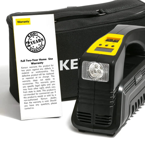 Black AC DC Digital Tire Inflator Portable Air Compressor with LED, warranty card, and carry bag