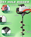 72cc Two Stroke Gas Powered Auger Post Hole Digger Kit With 3 Drill Bits 4 Inch 6 Inch 8 Inch And 3 Extension Rods labeled parts