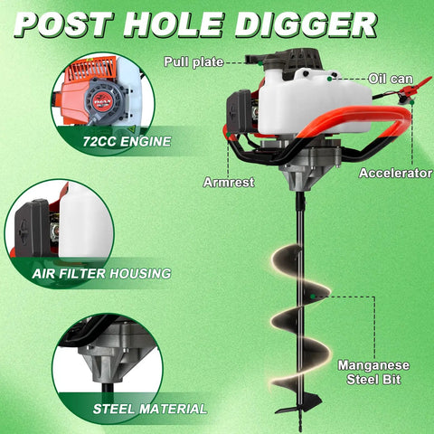 72cc Two Stroke Gas Powered Auger Post Hole Digger Kit With 3 Drill Bits 4 Inch 6 Inch 8 Inch And 3 Extension Rods labeled parts