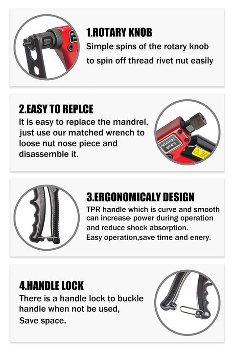 Features of 8 Inch Rivet Nut Gun With Nut Setting System For M3 M4 M5 M6 And Threads One Quarter Twenty M10 24 Eight Thirty Two