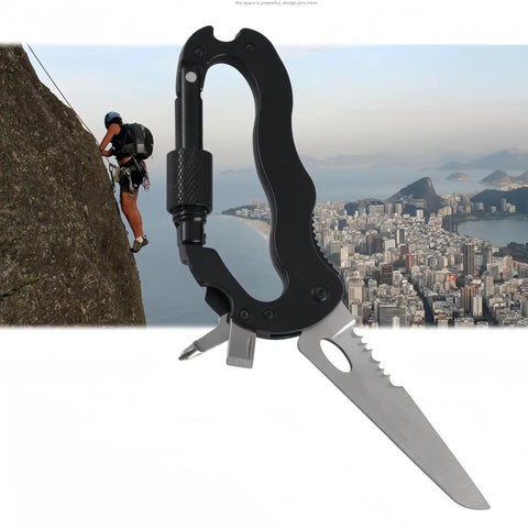 Multitool Carabiner With Folding Knife And Screwdriver, EDC Keychain Tool for Camping Hiking, shown with urban background