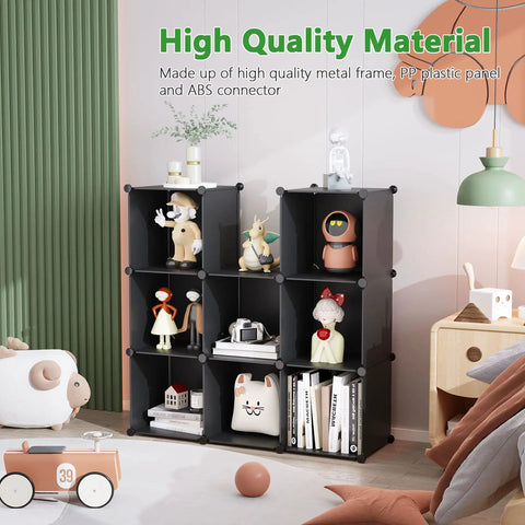 Nine Cube Storage Shelf For Easy Organization, modular shelving unit in kids' room setting with toys and books displayed.