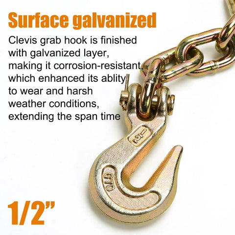 Tough As Nails Half Inch Tow Chain Clevis Grab Hook Two Pack G Seventy Forged Steel With Twelve K Working Load Limit, galvanized finish.
