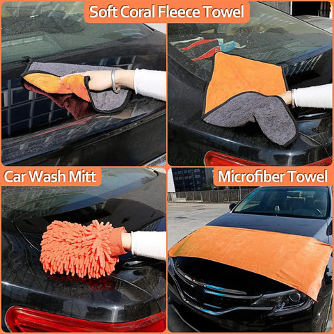 Orange Must Have All In One Car Detailing Kit with car wash mitt and microfiber towels on black car hood.