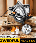 Professional Grade 7 1 4 Inch Circular Saw Featuring A Robust 1600 Watt Motor And 11 7 Amps Of Kick Ass Cutting Power For Heavy Duty Woodworking Projects At 6100 Rpm Lightweight Portable Design with blade and safety gear on wood.