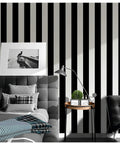 Bedroom wall with Black And White Stripe Peel And Stick Wallpaper Self Adhesive Removable Contact Paper Waterproof Vinyl applied.