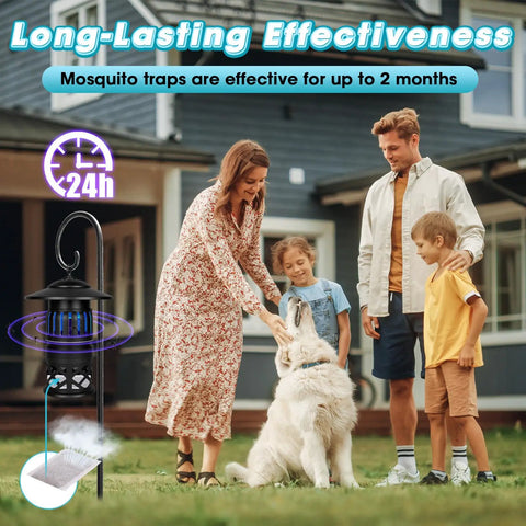 Family with dog near mosquito trap using 10 Pack Mosquito Attractant Refill For Bug Zappers Long Lasting CO2 Scent Lures