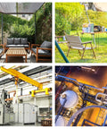 Outdoor seating area, camping setup, industrial machinery, and factory overhead view