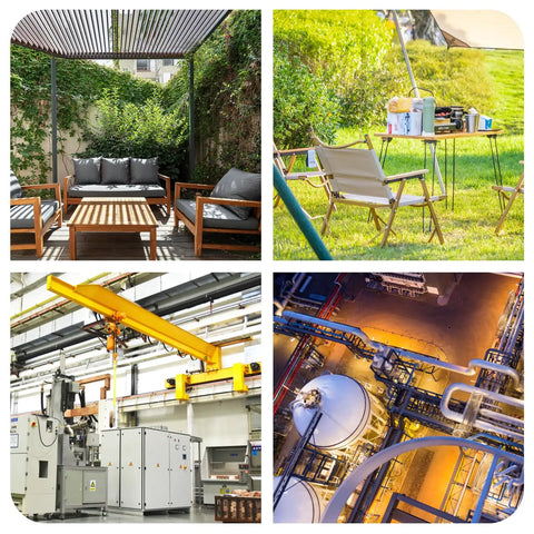 Outdoor seating area, camping setup, industrial machinery, and factory overhead view