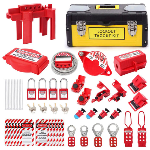 Beefed-Up All-In-One Lockout Tagout Kit With 4 Safety Padlocks, 4 Lockout Hasps, toolbox, tags, lockouts, and components displayed