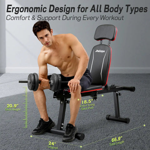 Man using Upgraded Adjustable Weight Bench With Leg Extension And Curl, 9 Back Positions And 3 Way Headrest, Foldable Design