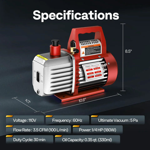 No Sweat 110V Single Stage Rotary Vane Vacuum Pump Packing Solid One Quarter Horsepower And Rapid 3.5 Cfm Pull for AC tasks with specs.