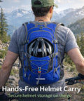 Hydration Backpack 18L With Upgraded 3L Leak-Proof Bladder For Running, Hiking, And Cycling in use, helmet stored, mountain backdrop